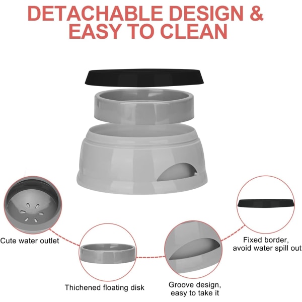 Flytende kjæledyrskål, anti-overflow, kvelningssikker, sølesikker, for hund, katt, valp (grå)