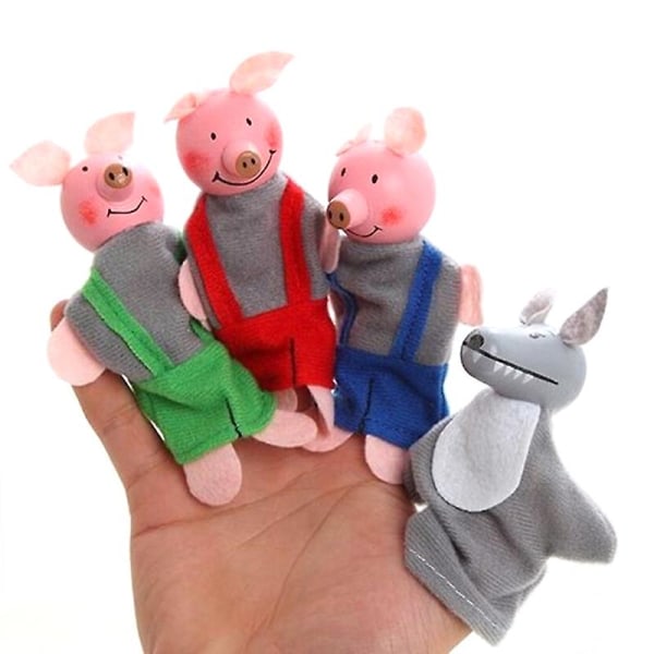 4 stk/sæt tre små grise fingerdukker Træhovedet baby pædagogisk legetøj Random Color 4 pcs