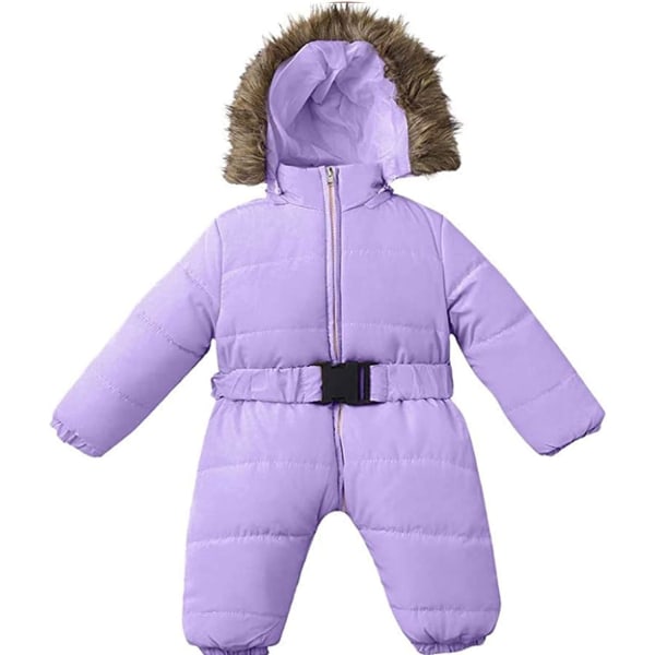 Baby Vinter Jumpsuit Pälskrage Huva Tjock Varm Enfärgad Söt Sport Midja Dragkedja Ett stycke Romper