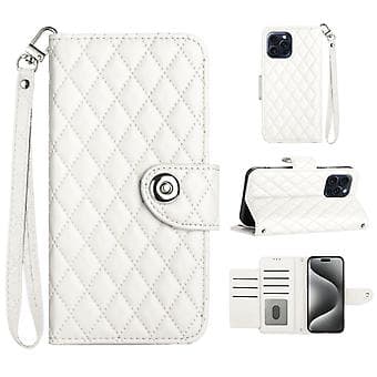 For iPhone 12 Pro Max Rombemønstret Flip-skinntelefonveske med snor White