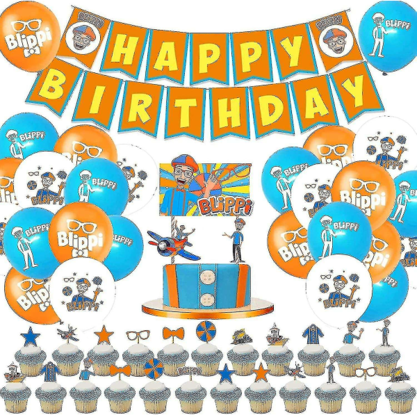 Fødselsdagsfestartikler 68 stk. sæt inklusive 1 pakke Blippi Happy Birthday Banner, 24 stk. Latex Ballon tao