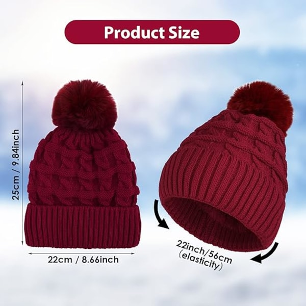 Bobble Hat til kvinder Vinter Beanie Huer Termisk Fleeceforet Hat Dame Strikkede Uld Huer med Faux Fur Pom Red