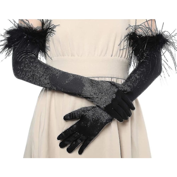 Lange operahandsker satin fjerhandsker 1920'er stil brude fancy dress Gloves_fs