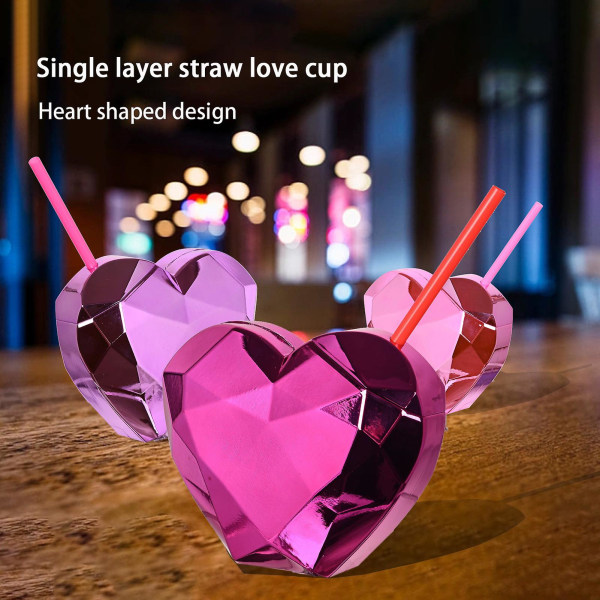 600ml Children Straw Cup Electroplating Love Heart Large Capacity Leak-proof Portable Drinking Plastic Cup Kids Indoor Outdoor Straw Water Bottle Birt Red