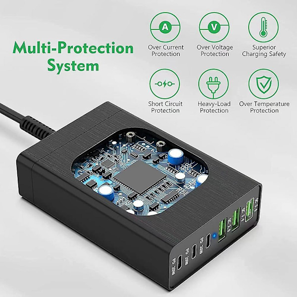 96W 6-port USB-ladestasjon for skrivebord med 3 USB-C-porter og QC3.0-porter, 20W hurtiglader EU-plugg