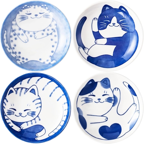 4 stk. 4 tommer søde kat sojasovs skål, keramiske kat skåle, japanske kat tallerkener, dyppeskåle, snack skål (4 tommer)
