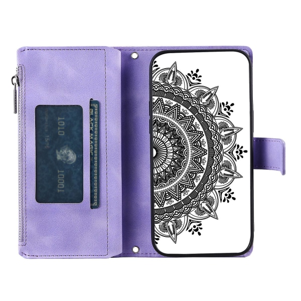 Til Nokia X30 5g Mandala Flower Imprinted Pu Læder Taske Magnetisk Lås Multi Card Slot Beskyttelsescover med lynlås tegnebog og håndledsrem Purple