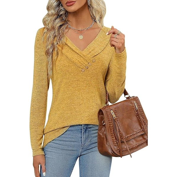 Kvinners langarmede T-skjorter Casual Myk Lett Bluser Tunika Topper V-hals Genser Pullover Knappelukking Topper, S-XXL Yellow M