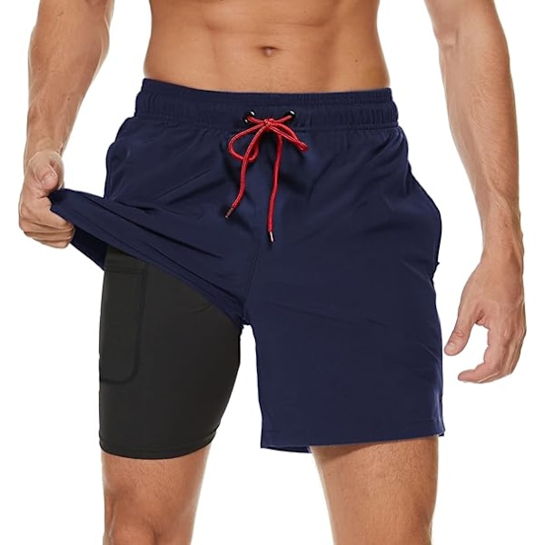 Badbyxor för män, badshorts för män med kompressionsfoder, snabbtorkande stretchiga 2-i-1-badshorts med blixtlåsförsedda fickor