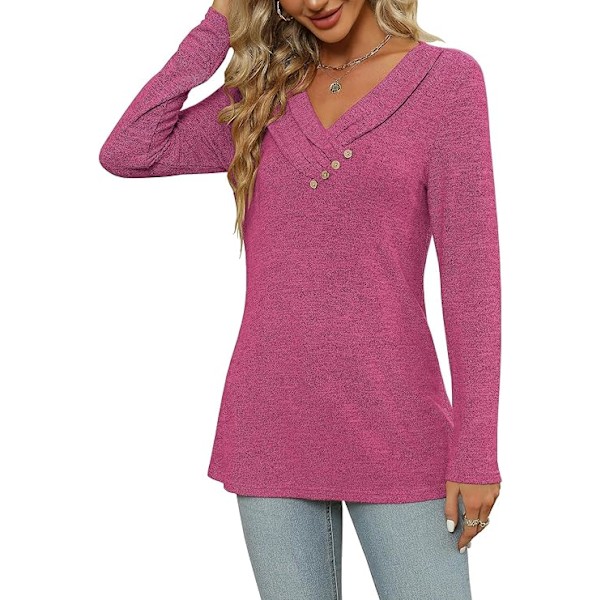 Dam långärmad T-shirt casual mjuk lätt blus tunika toppar V-ringad tröja pullover knapp ned toppar, S-XXL Pink L