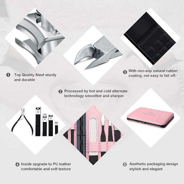 Manicure Pedicure Kit - Professionel Negleklipper i Rustfrit Stål - Neglebåndssaks - Manicure Pedicure Kit 18-delt sæt med udsøgt æske af (sort og pink