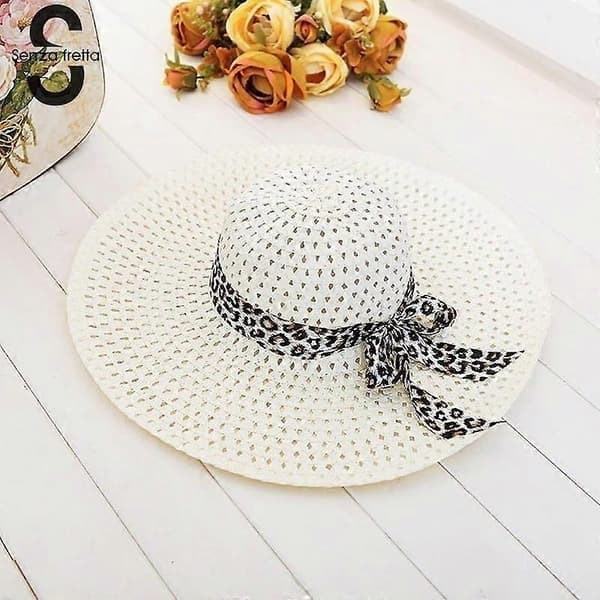 Dam sommarhatt bredbrättad stråmössa strandhattar vikbara stråsolhattar för kvinnor flickor White