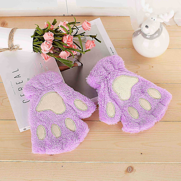 Cat Girl Open Finger Cat Paw Warm Gloves Thickened Fluff Hand Shaped Brush Half Finger Gloves Purple