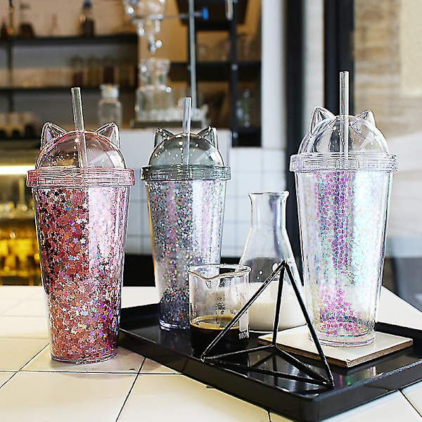 Olki glitter-mukeilla Konfetti väri -420ml Kannettava juomavesipullo oljella Kaksinkertainen kerros Oljet Vesi kupit Muovi juomamuki black