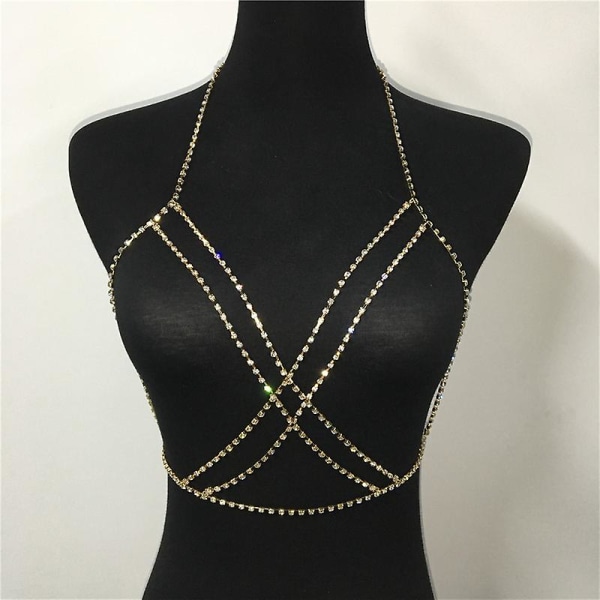 Klassisk overlappende brystkjede Kvinne Sexy Mote Kroppssmykker Rhinestone Geometrisk Trendy Gylden Full Krystall Ung gave White Gold-color