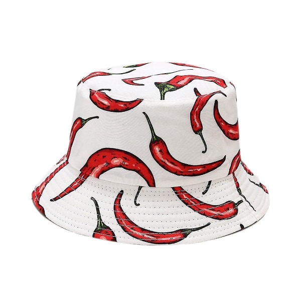 Sød Spand Hat Strand Fisker Hatte Til Kvinder, Reversible Dobbelt-side-wear Unisex (chili-hvid)
