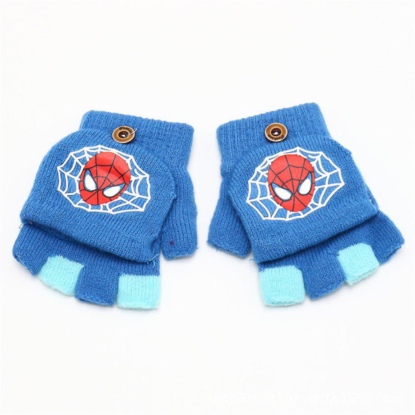 3-9 Years Kid Spiderman Knit Warm Half Finger Flip Cover Gloves For Writing/outdoor Playing Gift Blue