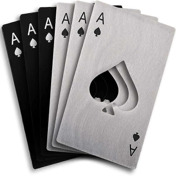 6 stk. pokerflaskeåbner, sølv og sort