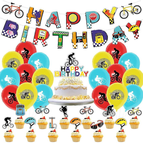Babycykel fødselsdagsfest dekorationer forsyninger - cykel fødselsdag banner, kage cupcake toppers, balloner til sportsfans, drenge, cykel fødselsdagsfester