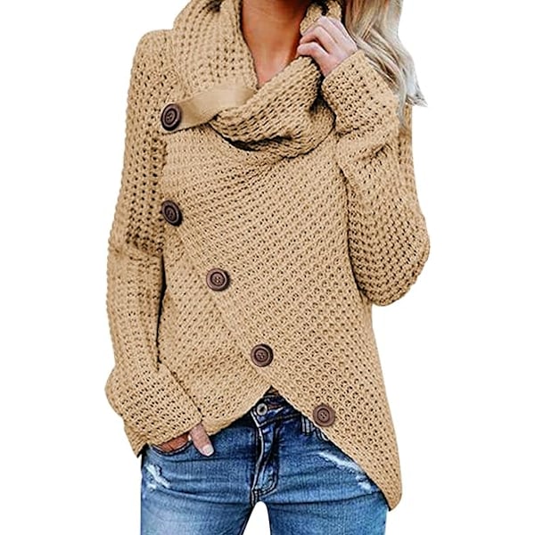 Strikket genser for kvinner, turtleneck, lang ermet, løs strikkegenser, uregelmessig genser, genser med høy hals, tilfeldig sweatshirt, plus size løs genser Beige S