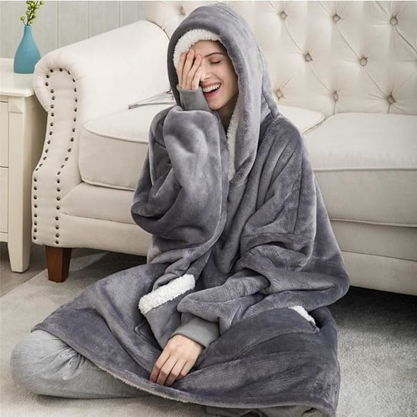 Sherpa Fleece Tjock Huvtröja Fickor Oversized Toppar Fodrad Termisk Filt Höst Vinter Grey One size