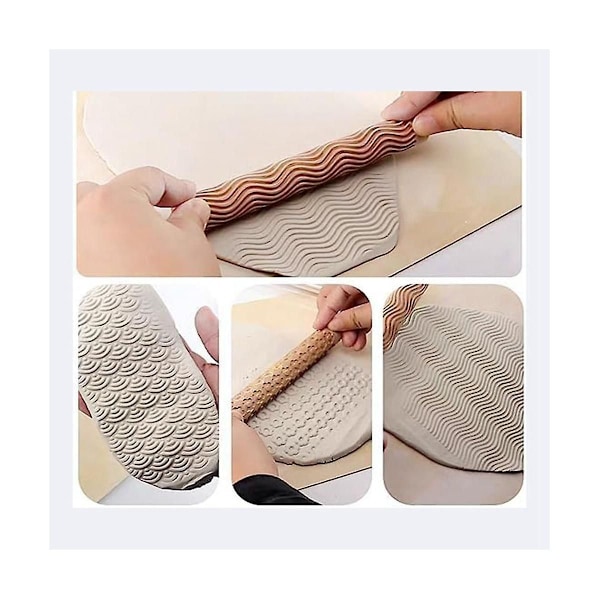 Set med 6 Trälera Modellering Mönsterrullar Kit, Lerrullpinne Texturerad Handrulle Trähandtag As Shown