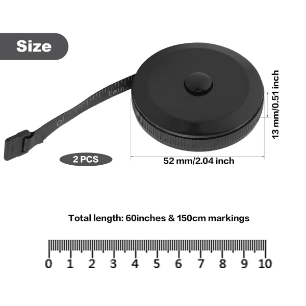 2 STK uttrekkbar kroppsmålebånd, tosidig mykt målebåndsett Bærbar linjal 60 tommer / 150 cm svart