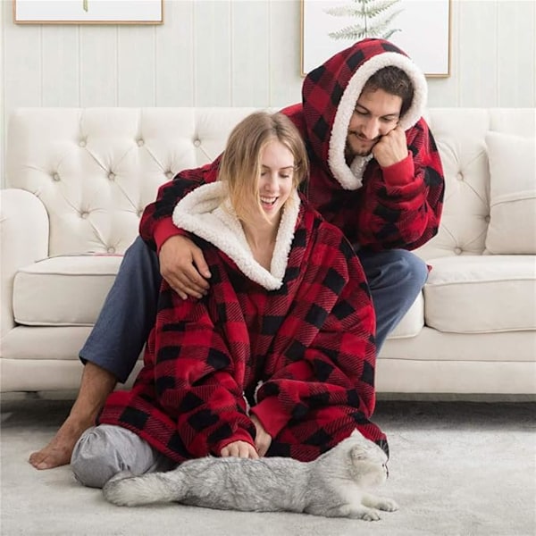 Sherpa Fleece Tjock Huvtröja Fickor Oversized Toppar Fodrad Termisk Filt Höst Vinter Checkered One size