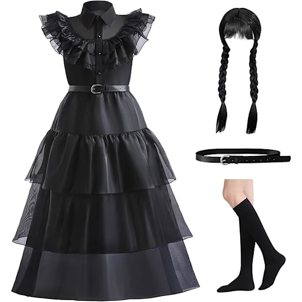 Musta asukokostyyli tytöille, lasten musta asu Halloween-asu Cosplay-juhliin vyöllä, peruukilla ja sukkilla 4-14-vuotiaille 160CM