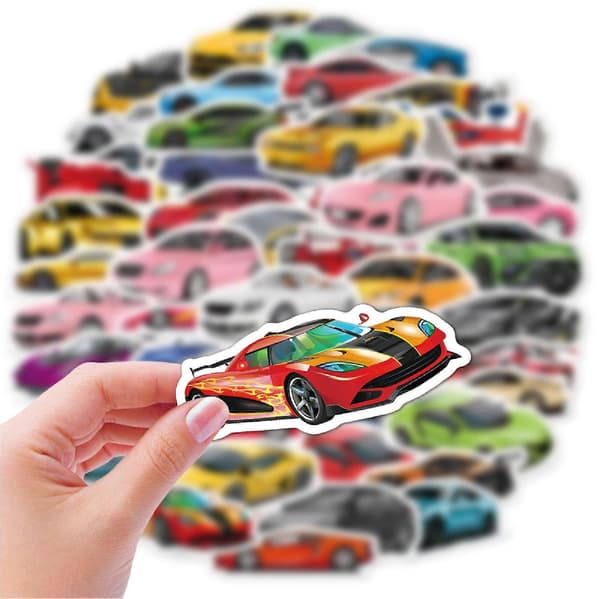 50 sarjakuva-auto tarraa