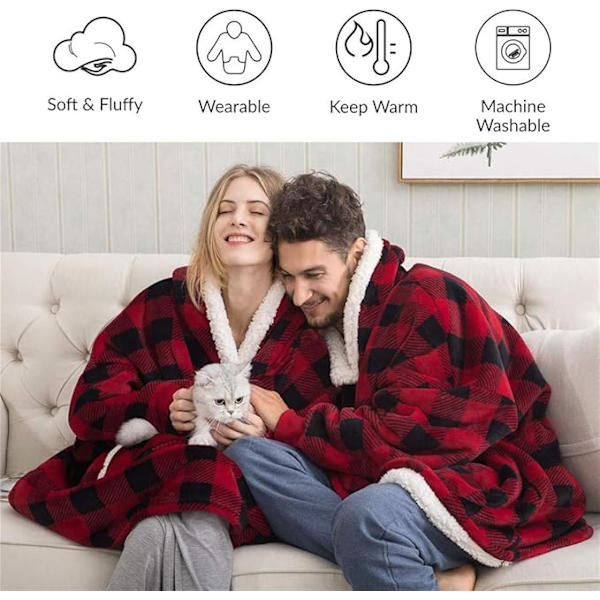 Sherpa Fleece Tjock Huvtröja Fickor Oversized Toppar Fodrad Termisk Filt Höst Vinter Checkered One size
