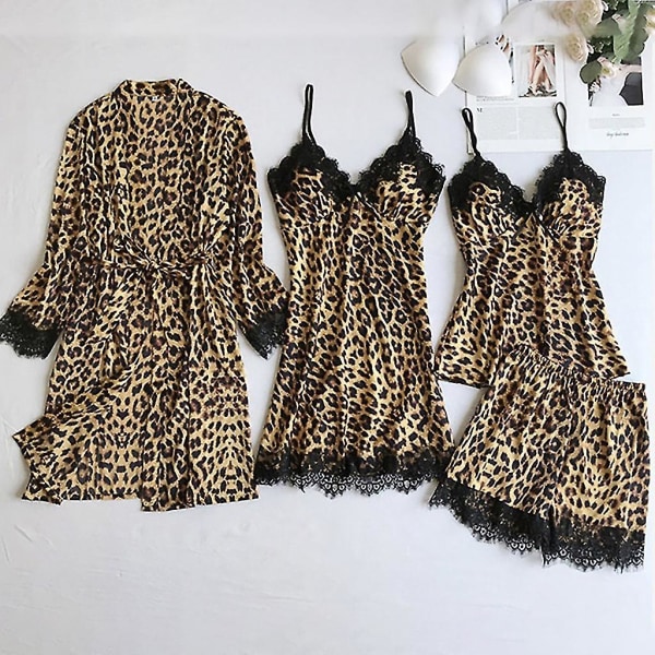 Kvinder Pyjamas Sæt Sexet Leopard Print Silke Satin Nattøj 4 stk Blonde Cami Top Shorts Og Kimono Robe Sæt Lounge Suit