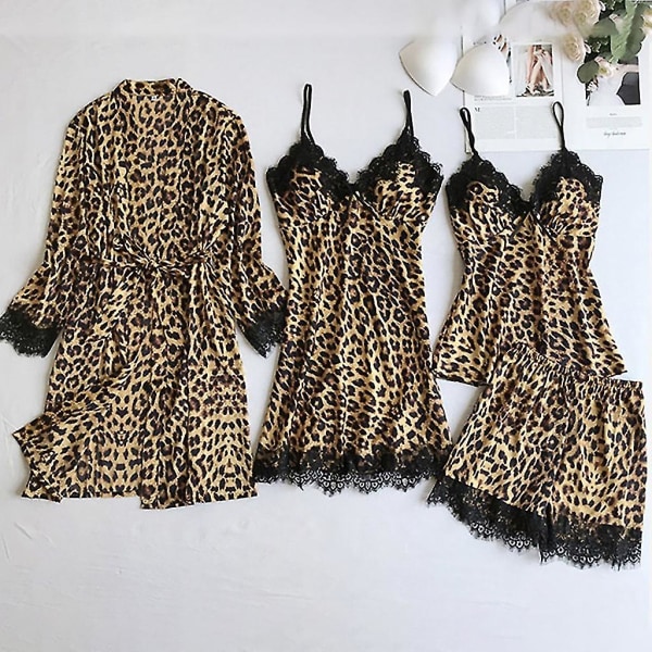 Kvinner pyjamassett Sexy leopardtrykk silke sateng nattøy 4 stk blonder Cami Top Shorts Og Kimono Robe Sett Lounge Dress