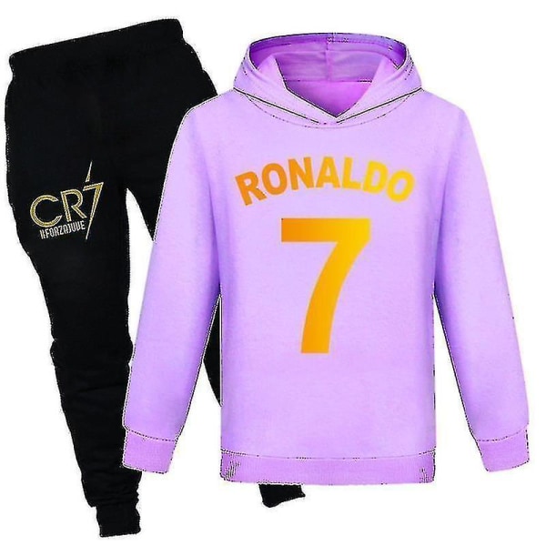 Barn Gutter Ronaldo 7 Print Uformell Hettegenser Joggedress Set Hoody Toppbuksedrakt Purple 160CM 13-14Y