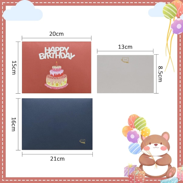 Födelsedagspop-up-kort - tårta med grattis på födelsedagen - 3D-födelsedagspresentkort, gratulationskort med kuvert