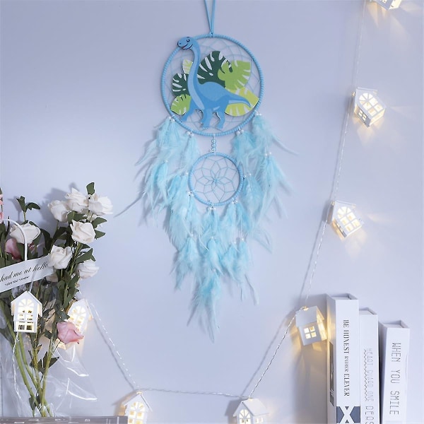 Dinosaur Dream Catchers til drenge og piger, Dream Catcher lys vægdekoration fjer vægophæng Dino Dream Catcher børnegave Blue With light