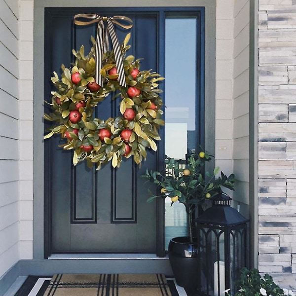 Autumn Fall Front Door Wreath Artificial Pomegranate Fruit Ribbon Bow Realistic Greenery Garland Hanging Onrmanet Thanks