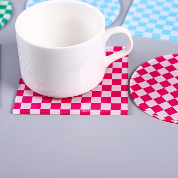 Retro sjakkbrett Coaster Fint utførelse Stilig akryl varmeisolert bordbeskytter hjemmedekorasjon Blue White Round