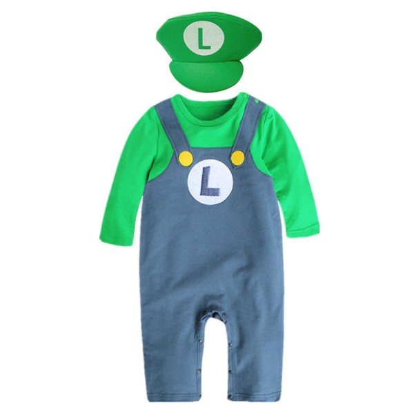 Super Mario Bros Baby Romper Crawling Suit Jumpsuit Mario Luigi Cosplay Kostyme Hat Set Green 18-24M