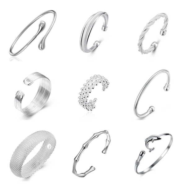 925 Silver Rund Hjärtformad Öppen Armband för Kvinnor Mode Smycken Manschett Armband Trendig Stil 6