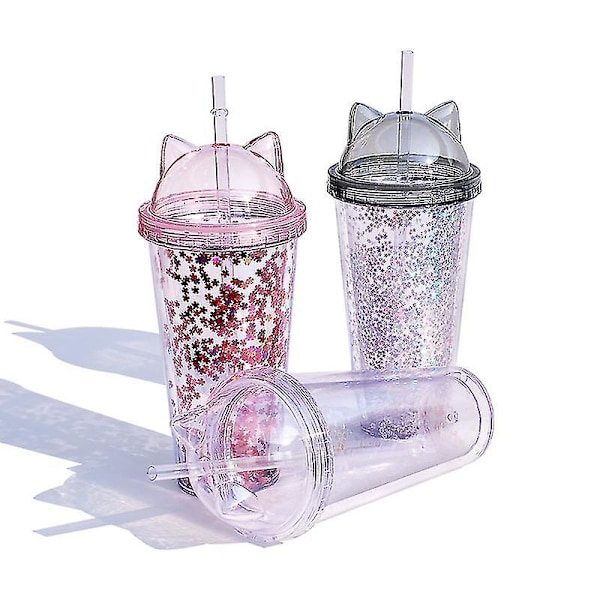 Halm med glitterkoppar, konfetti, färg - 420 ml bärbar dricksvattenflaska med halm, dubbelskiktshalm, vattenkoppar, plastmugg red