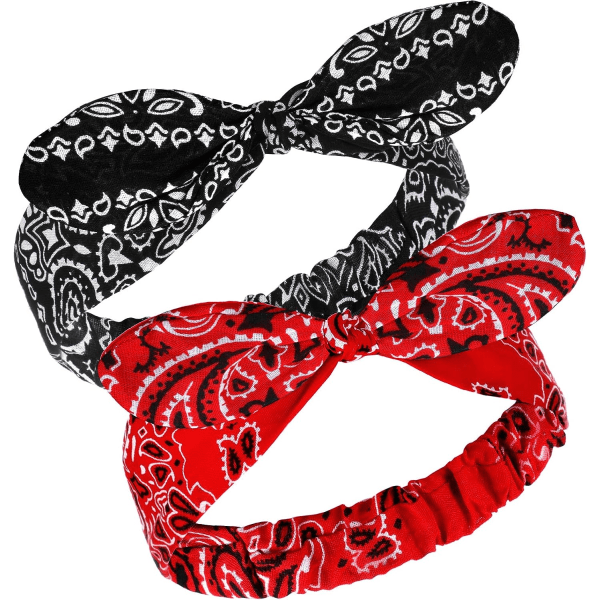 2 kpl Bandanas-päänauhat Retro Knot -pääpanta Paisley Print -pääpanta tytöille ja naisille (punainen, musta)