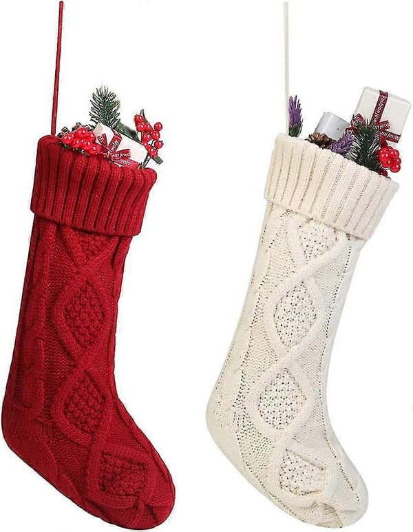 Annen dekorasjon til jul Kabelstrikkede julestrømper Sett Solid Hvit Elfenben Klassisk 45cm, 2 STK