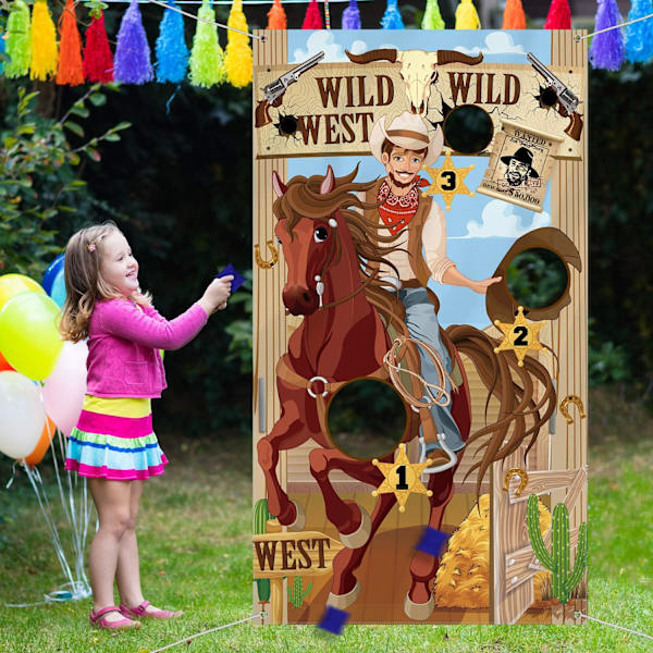Lännen Cowboy Toss -peli 3 papupussilla, hauska lännenpeli lapsille ja aikuisille lännen teemaisia aktiviteetteja Cowboy-koristeita ja -tarvikkeita