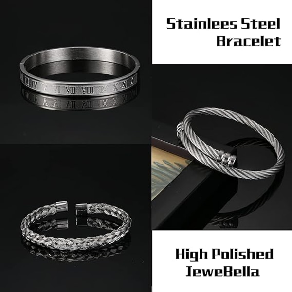 JeweBella 3 delar armband för män, silver/guld/svart rostfritt stål lyxiga romerska siffror armband manschett Justerbar öppet set