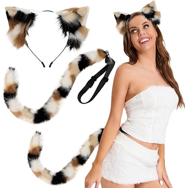 Kattører og hale sett realistisk lodne kattører glatt bøyelig kattehale med innebygd ramme for cosplay Hallowen festdekor