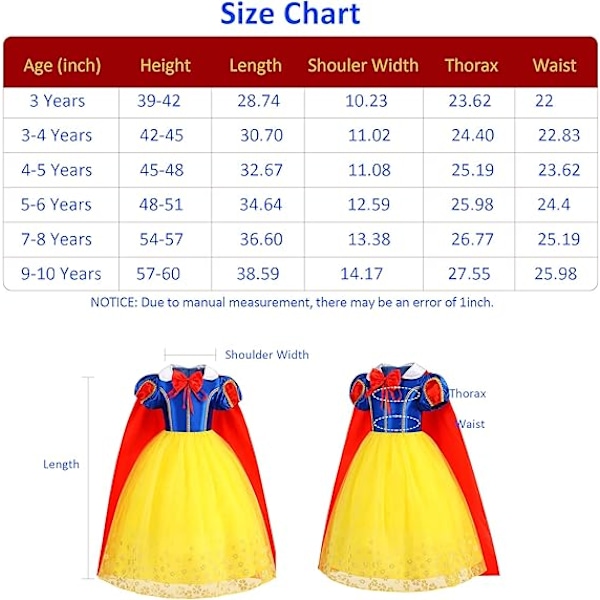 Snehvide Prinsesse Kjole til Piger Prinsesse Snehvide Kostume Halloween Jul Fest Cosplay Outfits 3-10 År 4-5T