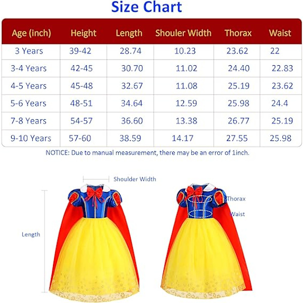 Snövit Prinsessklänningar för Flickor Prinsessan Snövit Kostym Halloween Julparty Cosplay Kläder 3-10 År 7-8Y