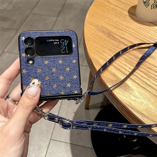 Samsung Galaxy Z Flip 4 Case för kvinnor med rem Glitter Stars Crossbody anti-scratch Cover Blå Blue