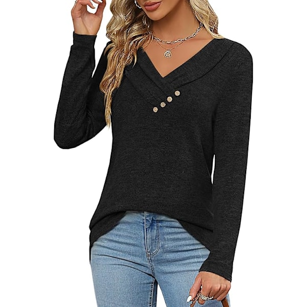 Kvinners langarmede T-skjorter Casual Myk Lett Bluser Tunika Topper V-hals Genser Pullover Knappelukking Topper, S-XXL Black XXL